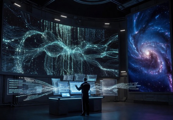 A vast, dimly lit futuristic AI research laboratory at night, glowing neural network visualizations cascading across curved wall displays, deep space imagery of galaxies and nebulae projected on one wall, a single researcher silhouetted in blue light at a workstation surrounded by holographic data streams, photorealistic, cinematic lighting, ultra-detailed, 8k resolution, science fiction aesthetic grounded in near-future realism
