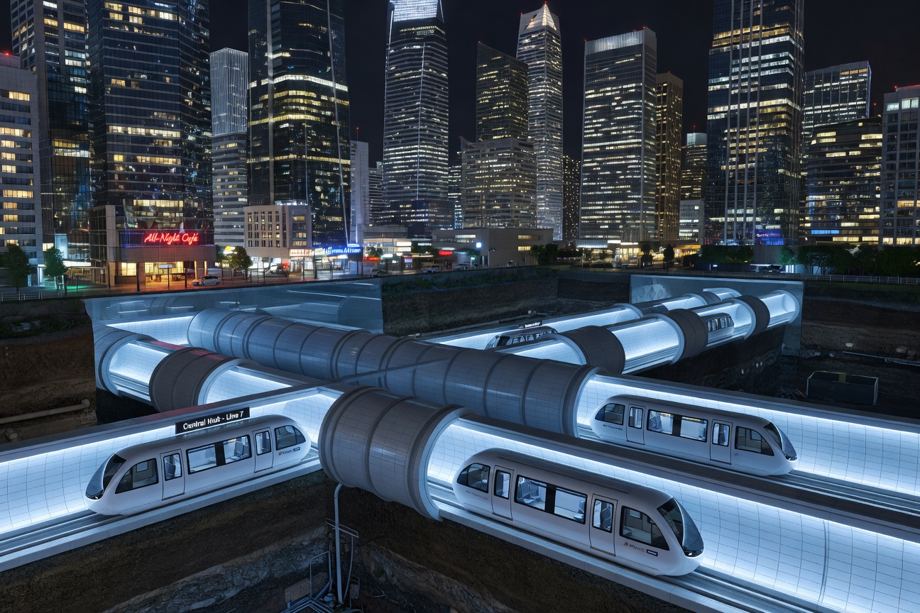 Futuristic underground tunnel network beneath a glowing city skyline at night