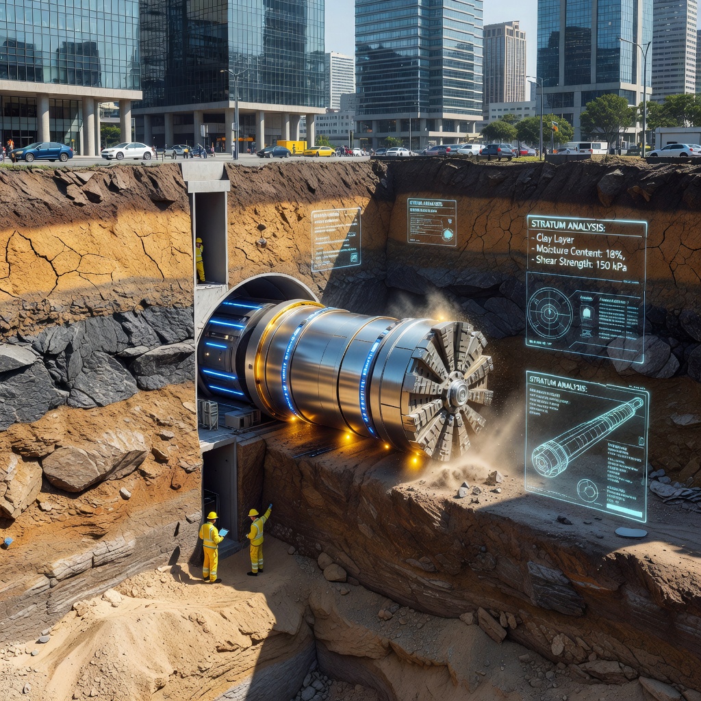 Cross-section visualization of tunnel boring machine moving through different geological layers beneath a modern city