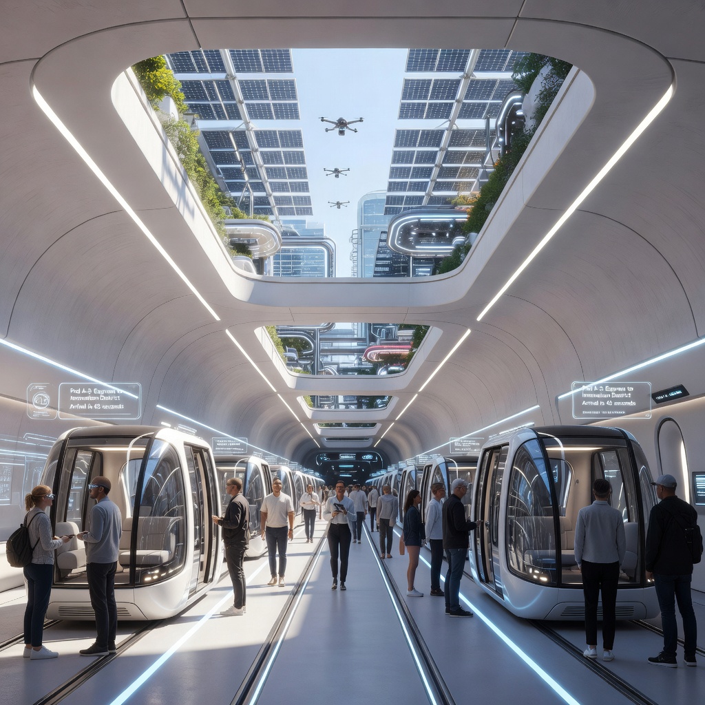 Sleek autonomous electric vehicles moving through a brightly lit futuristic underground transit tunnel in a dense urban environment