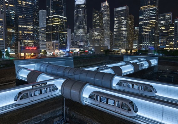Hyperrealistic aerial cross-section view of a futuristic underground tunnel network glowing with blue and white light beneath a dense modern city skyline at night, with electric pods moving silently through the tunnels visible through a transparent ground layer, cinematic lighting, ultra-detailed, 8K resolution, concept art style blending realism and speculative architecture