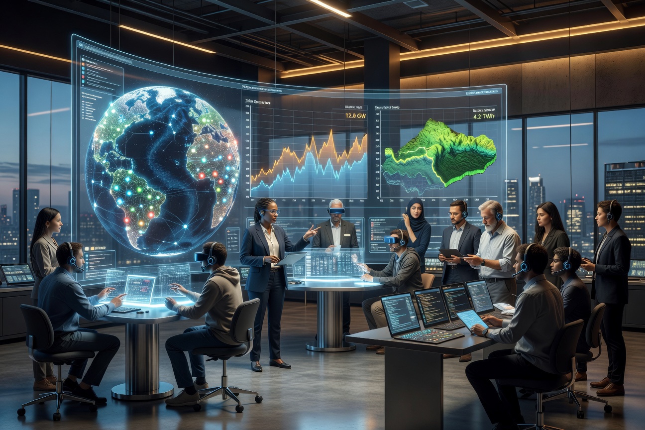 Engineers and scientists collaborating around holographic energy grid displays in a futuristic control room