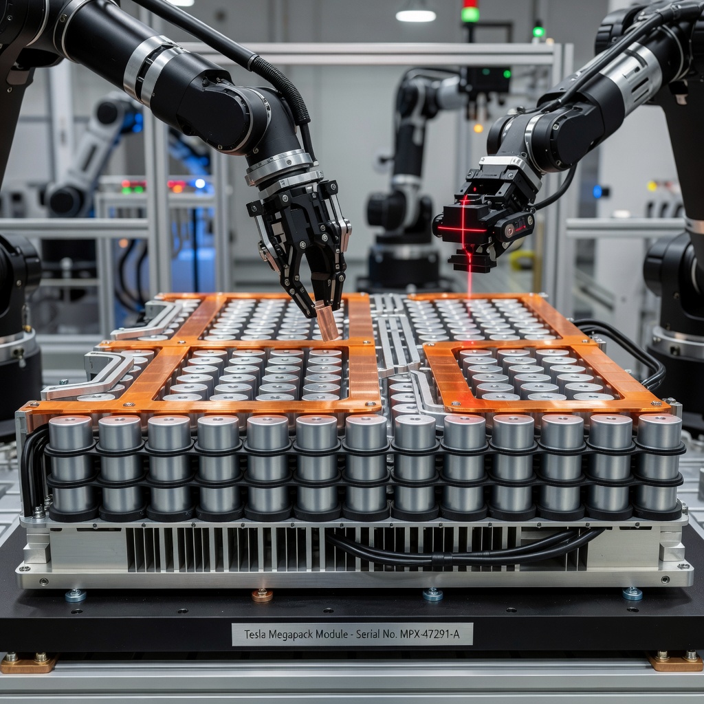 Close-up of Tesla Megapack battery modules being assembled by robotics in a bright futuristic factory