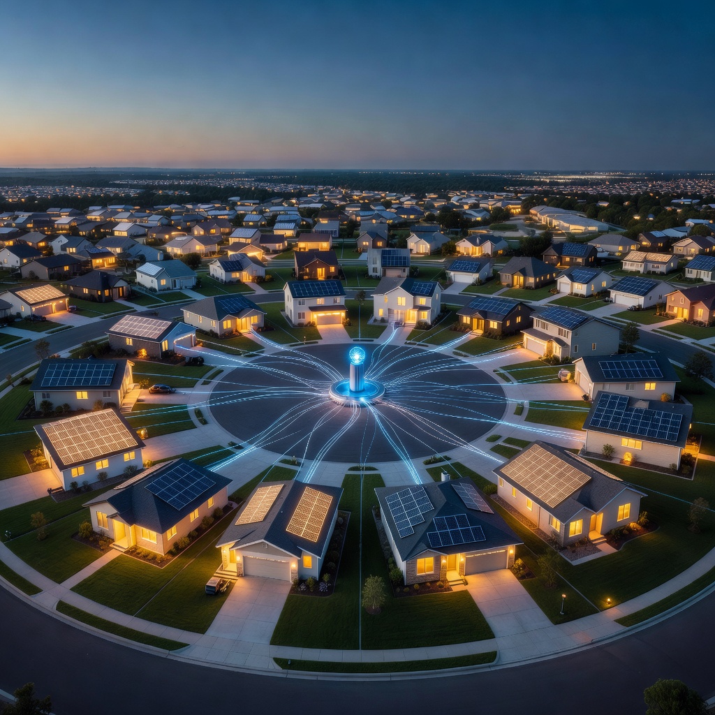 Aerial view of a futuristic suburban neighborhood with rooftop solar panels and glowing energy network connections forming a virtual power grid