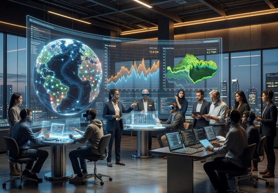 A cinematic wide-angle view of a futuristic energy control room where a diverse team of engineers and scientists collaborate around large curved holographic displays showing real-time global grid data, solar generation curves, and battery state maps. Blue and amber light fills the space. Ultra-realistic, high detail, 8K resolution, optimistic and purposeful atmosphere.