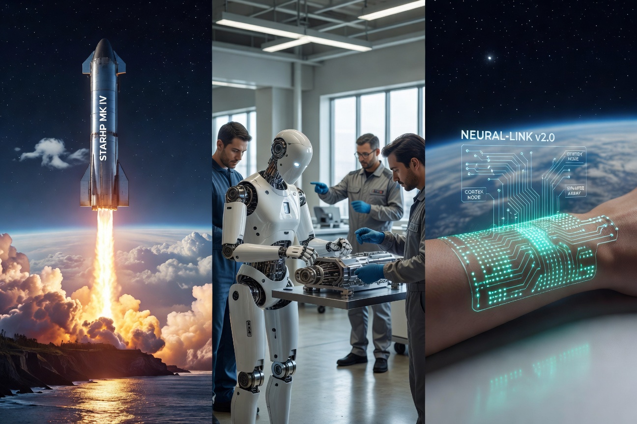 Futuristic collage of Starship launch, humanoid robot, and neural interface glowing against a deep space backdrop
