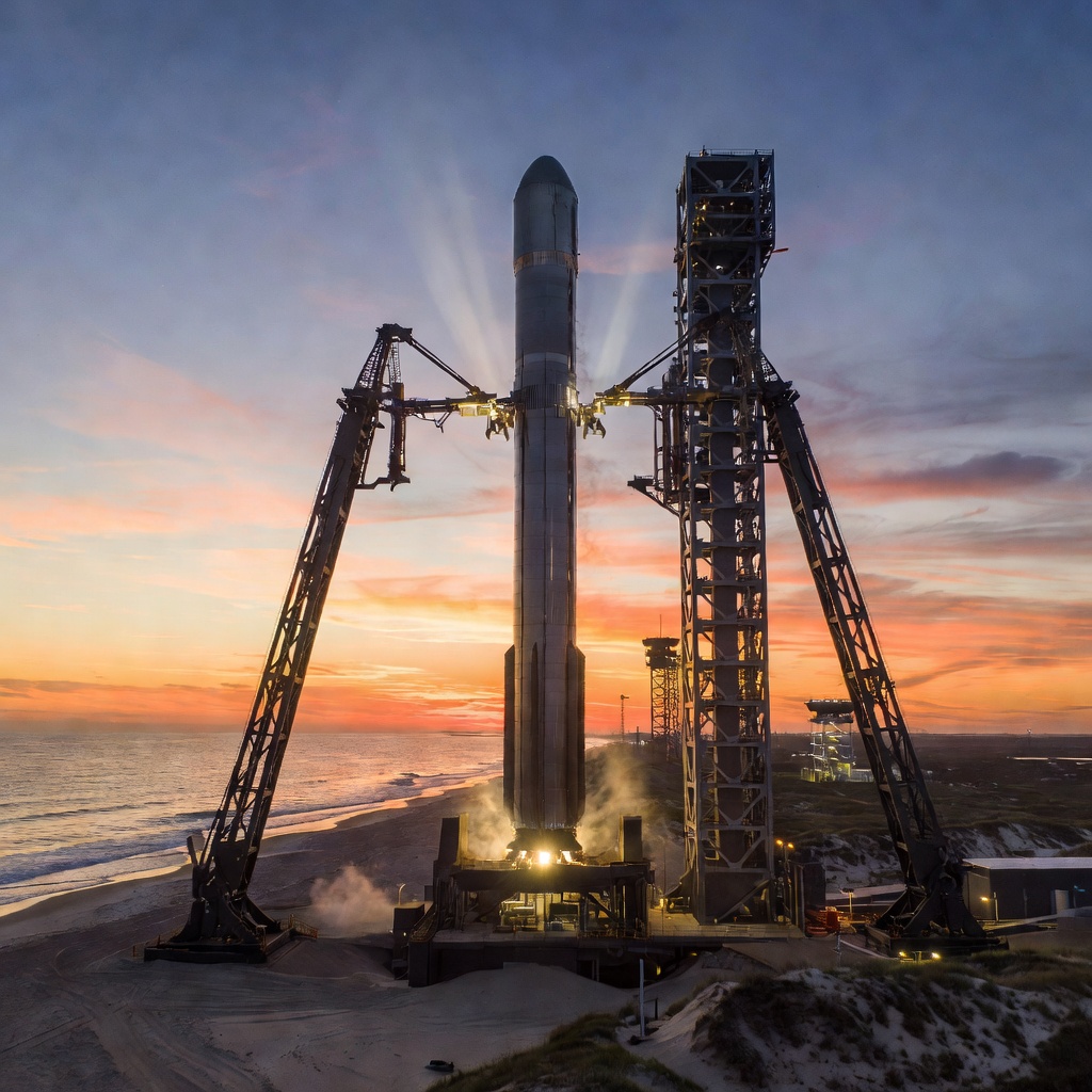 A next-generation fully reusable rocket being caught by giant mechanical arms at a gleaming launch facility at sunset