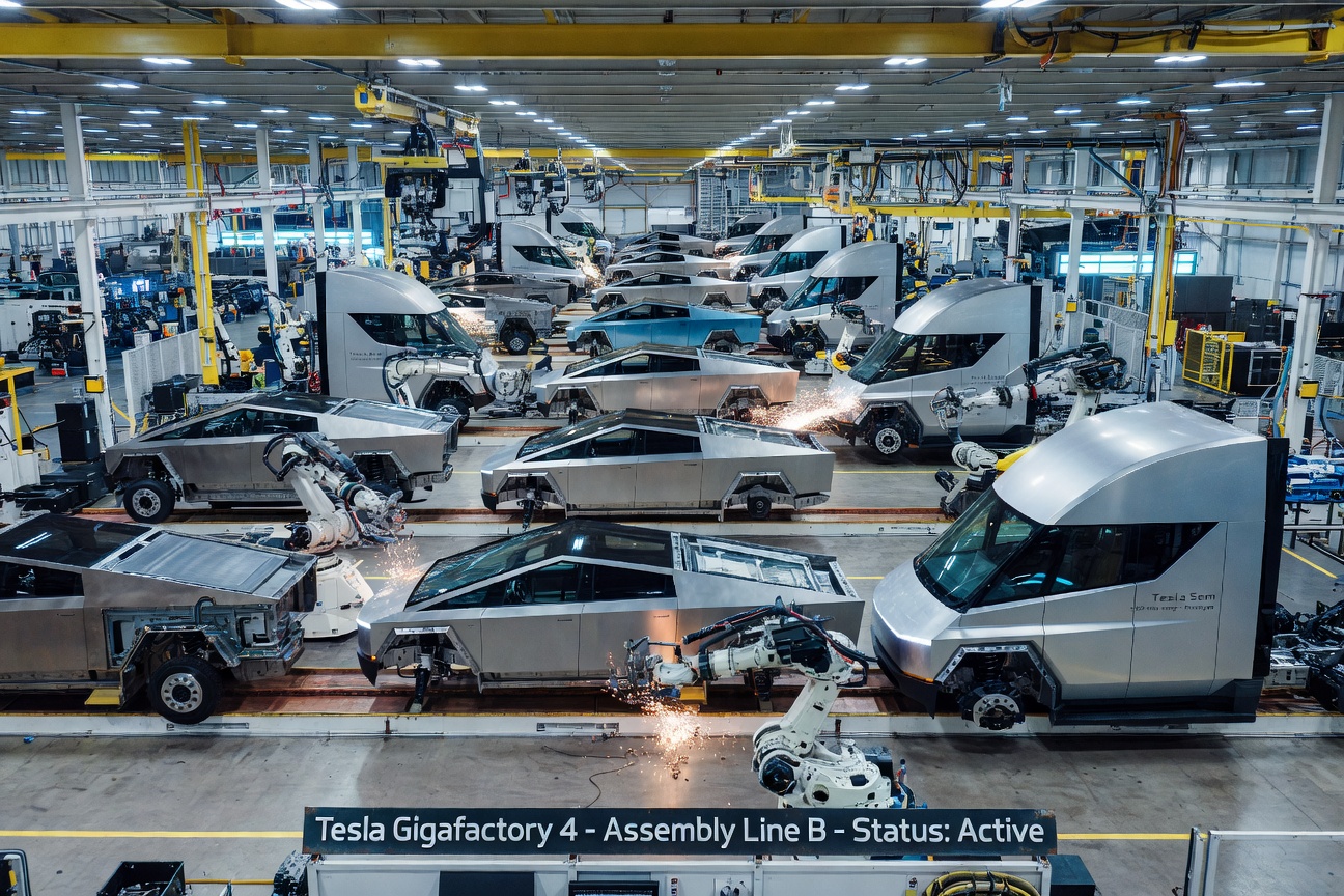 A vast Tesla Gigafactory floor bathed in electric blue light, rows of Cybertrucks and Semi trucks being assembled by robotic arms