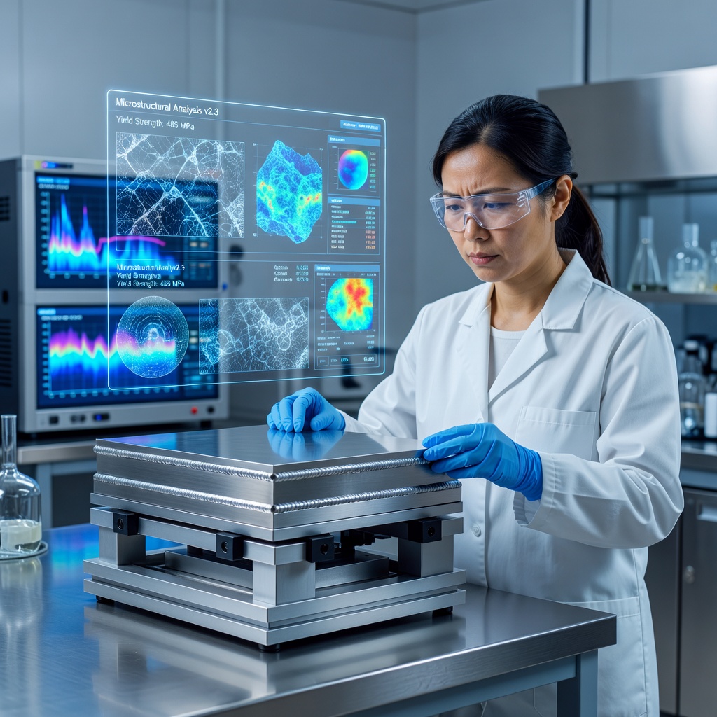 A researcher in a laboratory examining a cross-section of stainless steel panels under high-powered microscopes with holographic data displays
