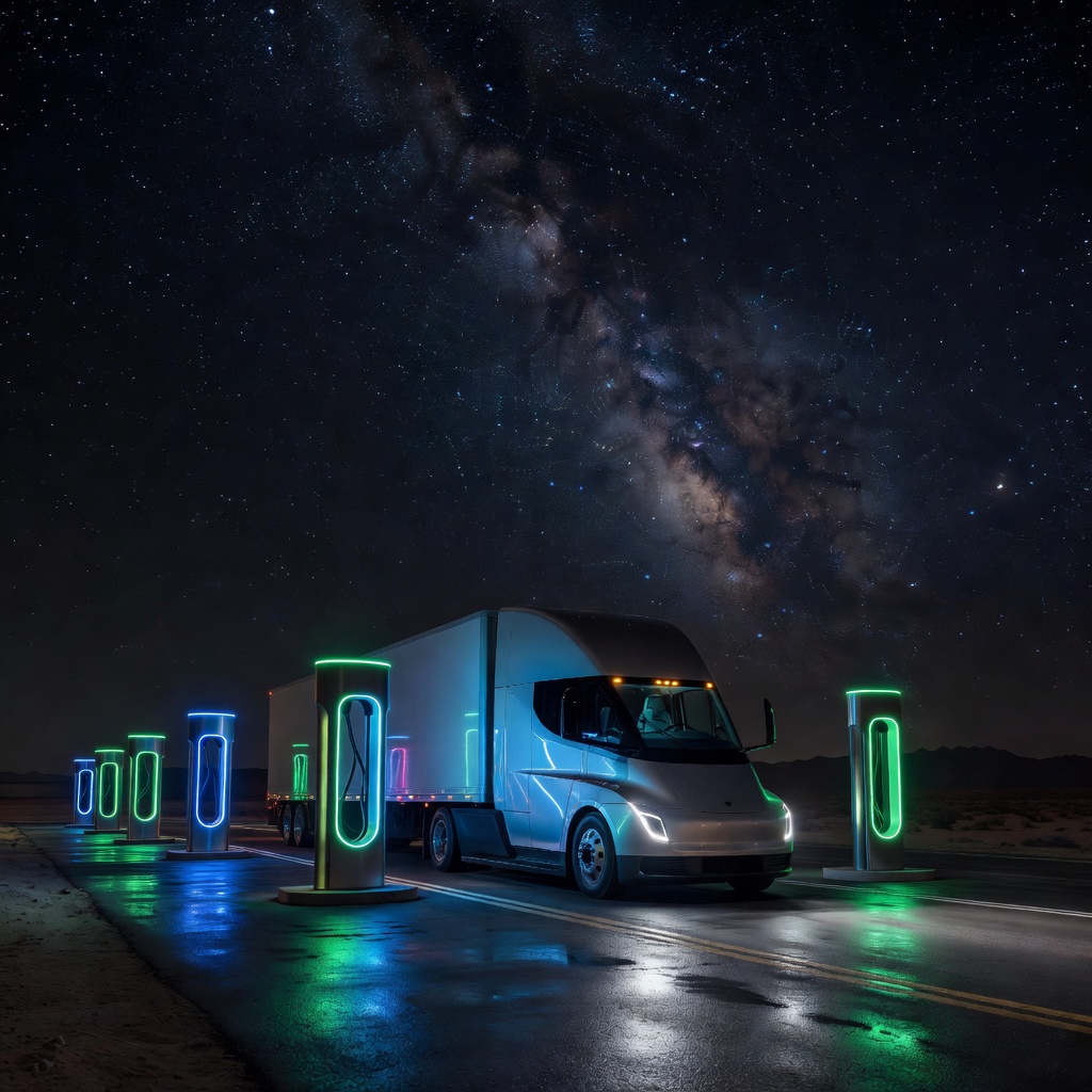A futuristic Tesla Semi truck charging at a high-powered charging station along a luminous highway at night, stars visible above