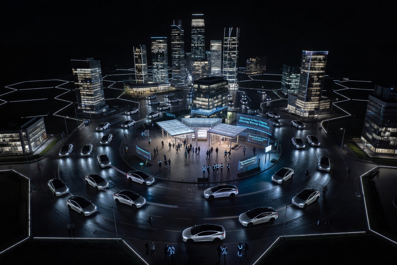 Futuristic Tesla Cybercab fleet navigating a luminous smart city at night