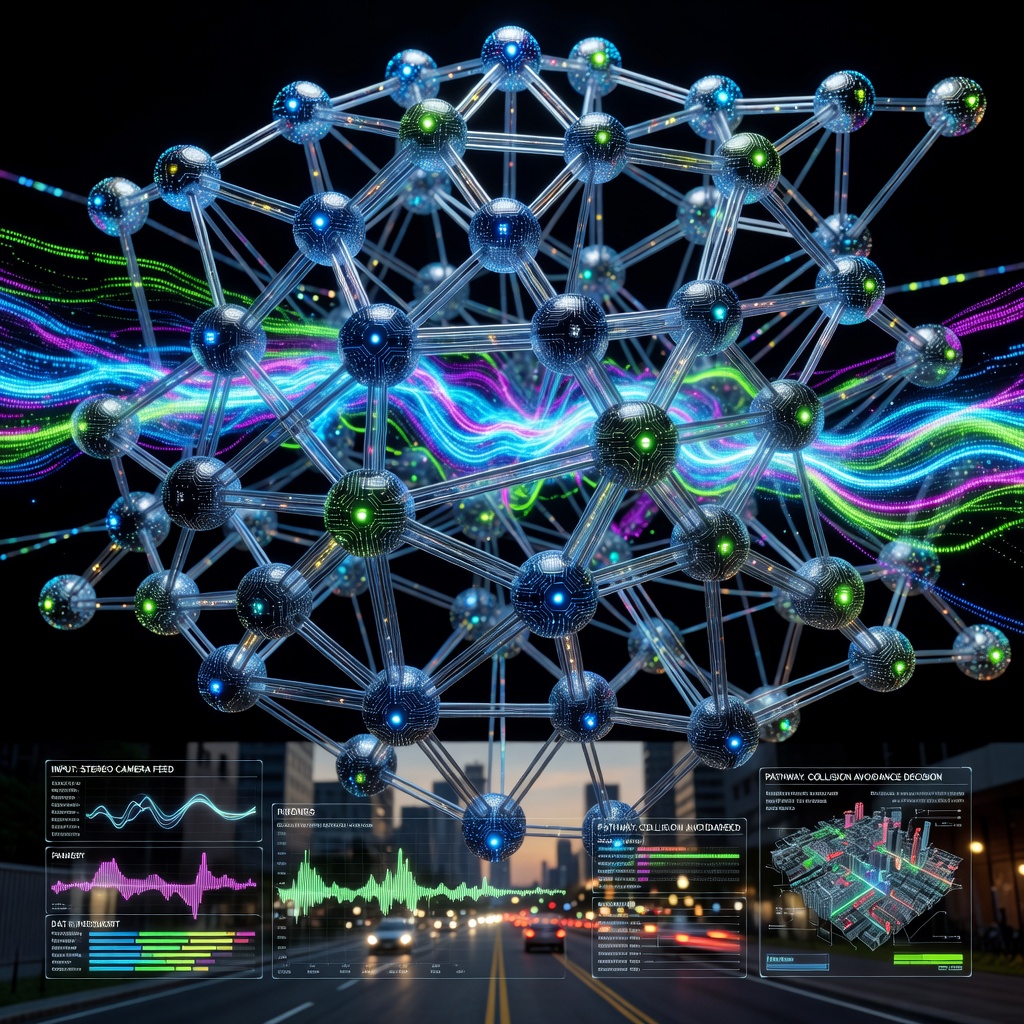 Close-up of Tesla FSD neural network visualization processing real-time road data