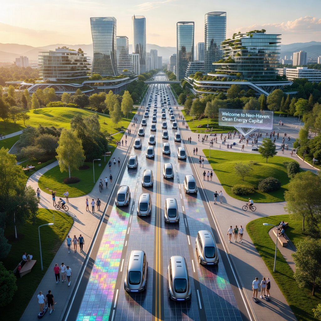 Aerial view of a futuristic smart city grid with autonomous electric vehicles flowing through optimized traffic lanes