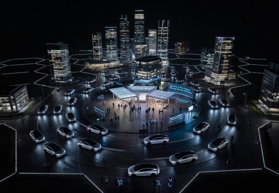 A stunning nighttime aerial view of a futuristic smart city with a fleet of sleek, white Tesla Cybercab autonomous vehicles moving through illuminated streets in perfectly coordinated patterns, soft blue and white LED lights reflecting off wet pavement, geometric urban grid visible from above, sense of effortless orchestration and human benefit, cinematic photography style, 8K resolution