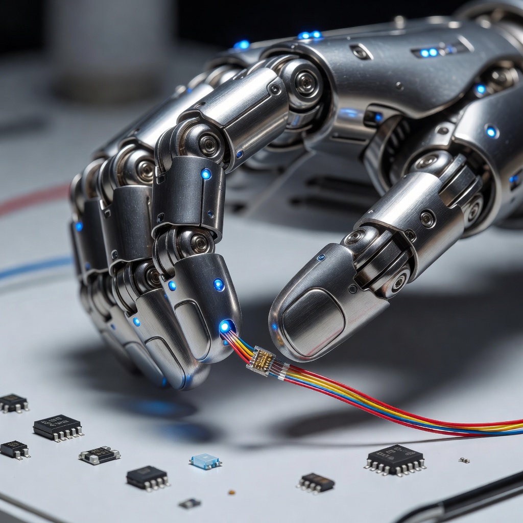 Close-up of Optimus robot hands performing delicate component sorting with advanced tactile sensors glowing softly