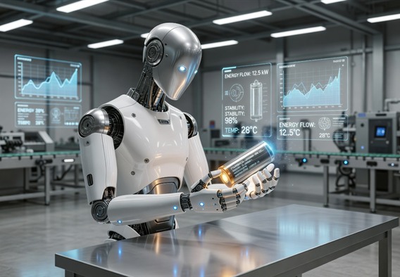 A sleek humanoid robot with a polished white and silver exterior standing at a futuristic factory workbench, gently holding a glowing cylindrical battery cell with precision finger sensors illuminated in soft blue light, ultra-realistic industrial lab setting with holographic data overlays floating in the background, cinematic lighting, 8k, photorealistic