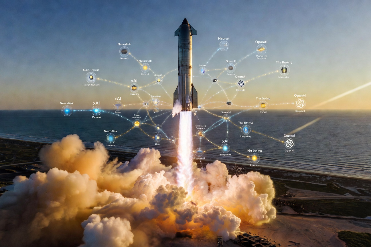 Futuristic SpaceX Starship launching toward Mars with a network of startup innovation nodes glowing around it