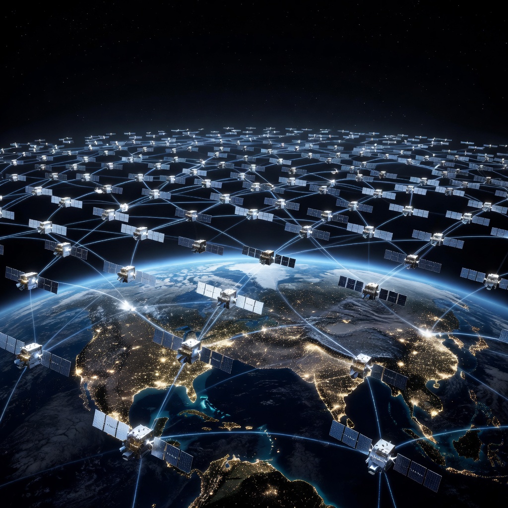 Starlink satellites in low Earth orbit forming a glowing mesh network over a dark Earth surface