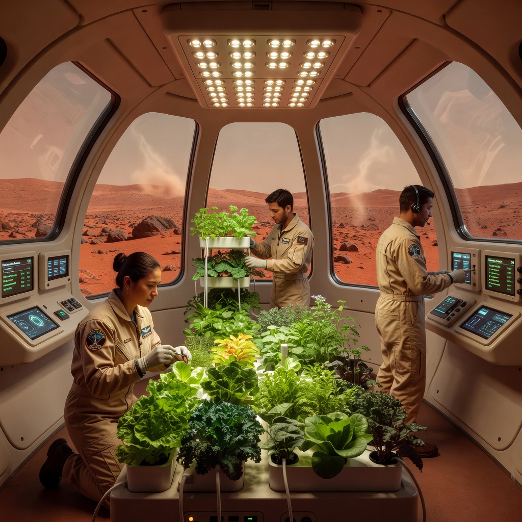 A closed-loop hydroponic food system inside a brightly lit Mars habitat module with astronauts tending to crops