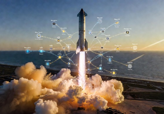 A photorealistic, cinematic wide-angle render of SpaceX's Starship rocket launching from a coastal facility at golden hour, surrounded by holographic data nodes representing interconnected startup companies and research labs. Trails of light connect the nodes to the rocket like a neural network. Deep blue ocean in the background. Hopeful, luminous color palette emphasizing humanity's collaborative future in space.