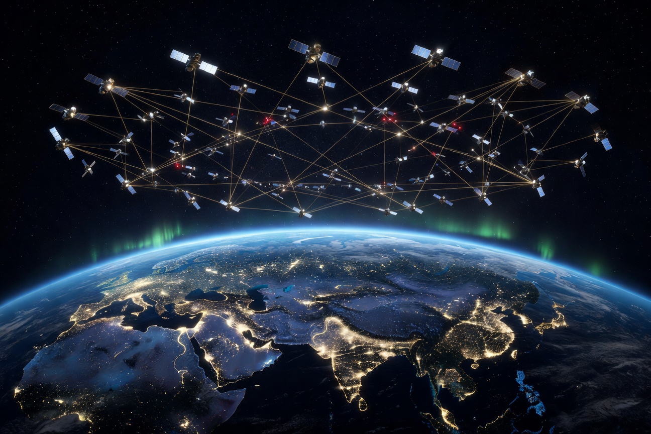 A dense constellation of LEO satellites forming glowing orbital rings above Earth at night