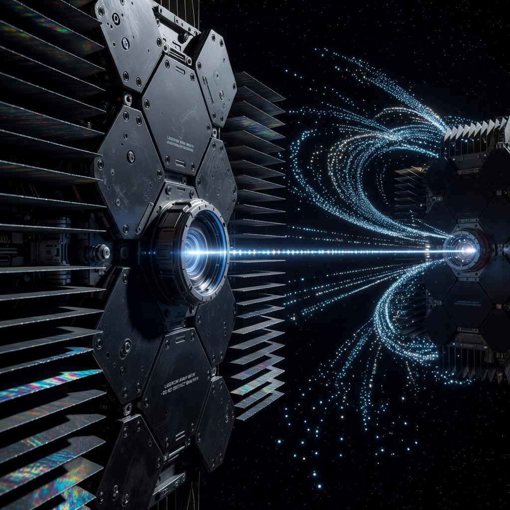 Close-up visualization of laser inter-satellite links connecting orbital nodes in deep space