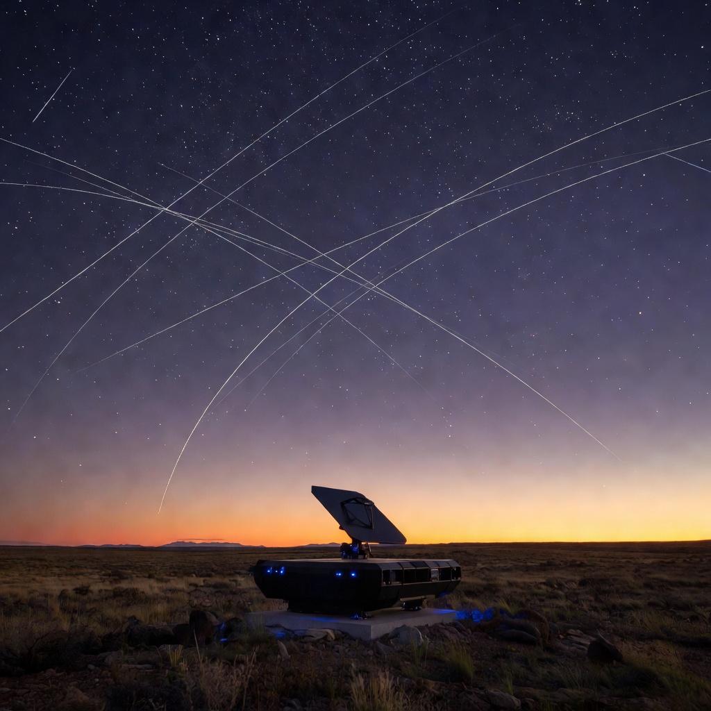 Futuristic satellite internet ground terminal in a remote landscape pointing skyward at a glowing constellation