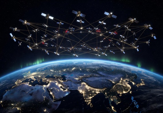A breathtaking wide-angle view of Earth from low orbit at night, with a dense glowing web of satellites forming luminous orbital rings above the planet's surface, laser inter-satellite links visible as thin golden threads connecting nodes against the star-filled blackness of space, photorealistic, cinematic lighting, deep blues and electric golds