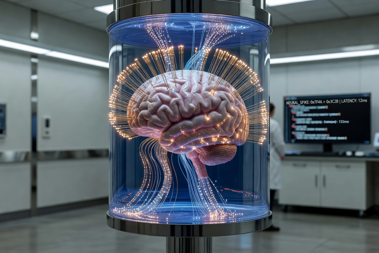 Futuristic brain-computer interface neural mapping visualization with glowing synaptic connections