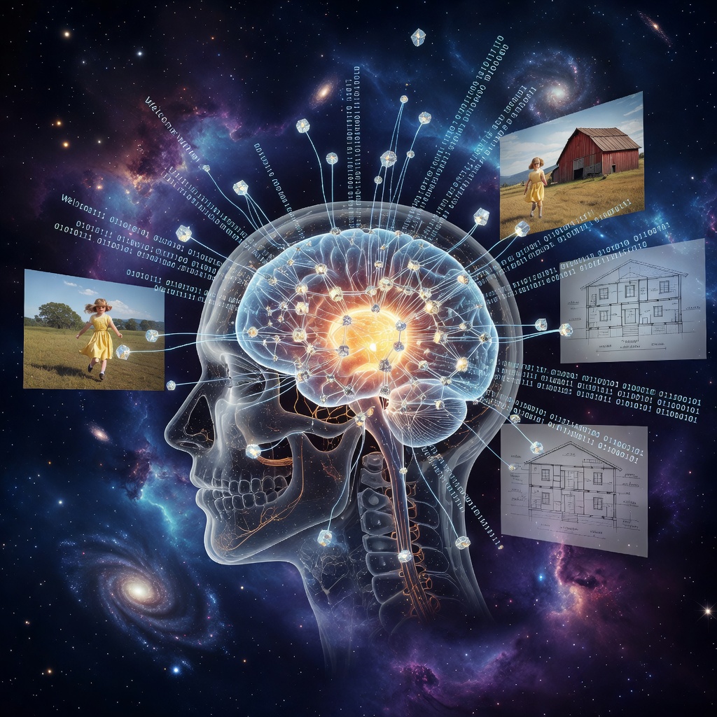 Futuristic human brain with digital neural network overlaid showing memory augmentation pathways