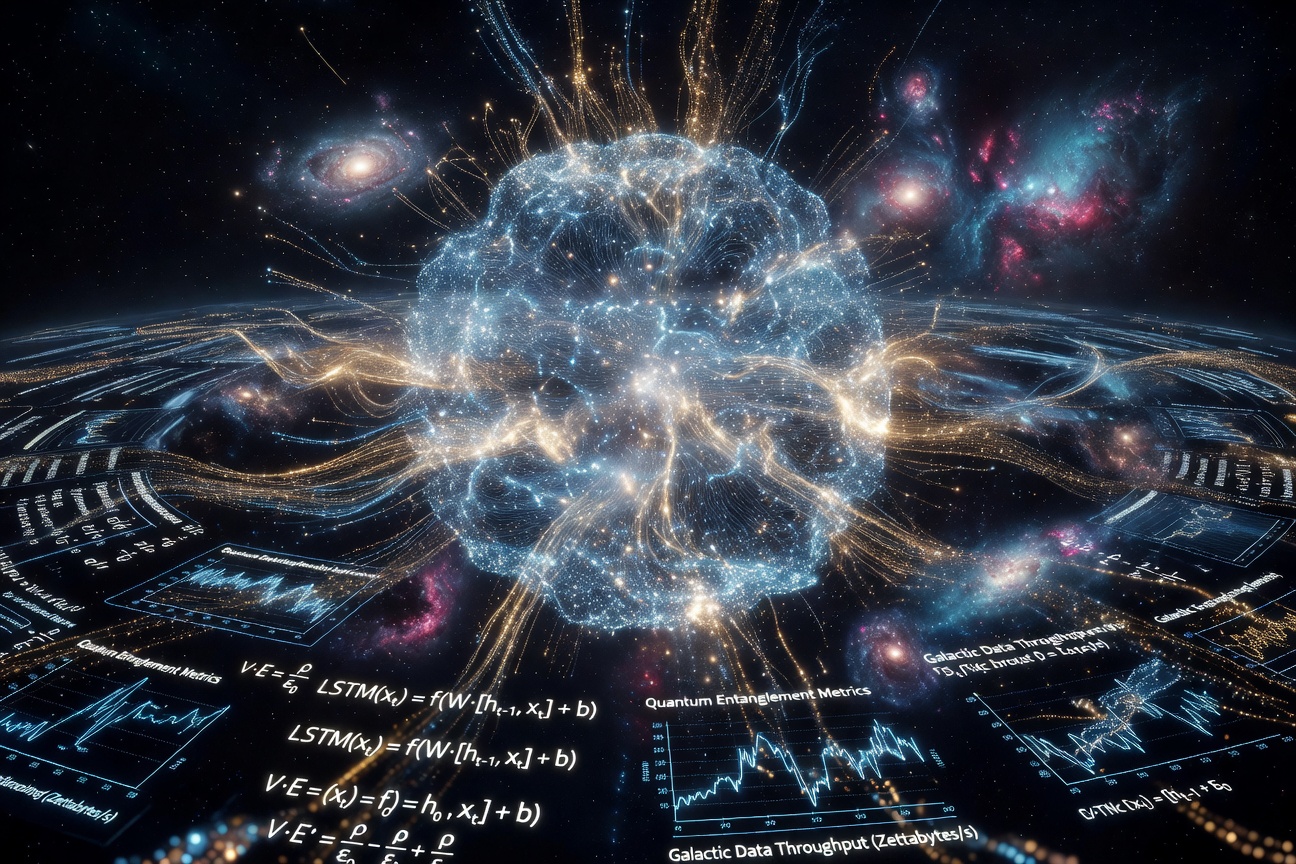 A glowing AI neural network interfacing with deep space imagery and scientific data streams