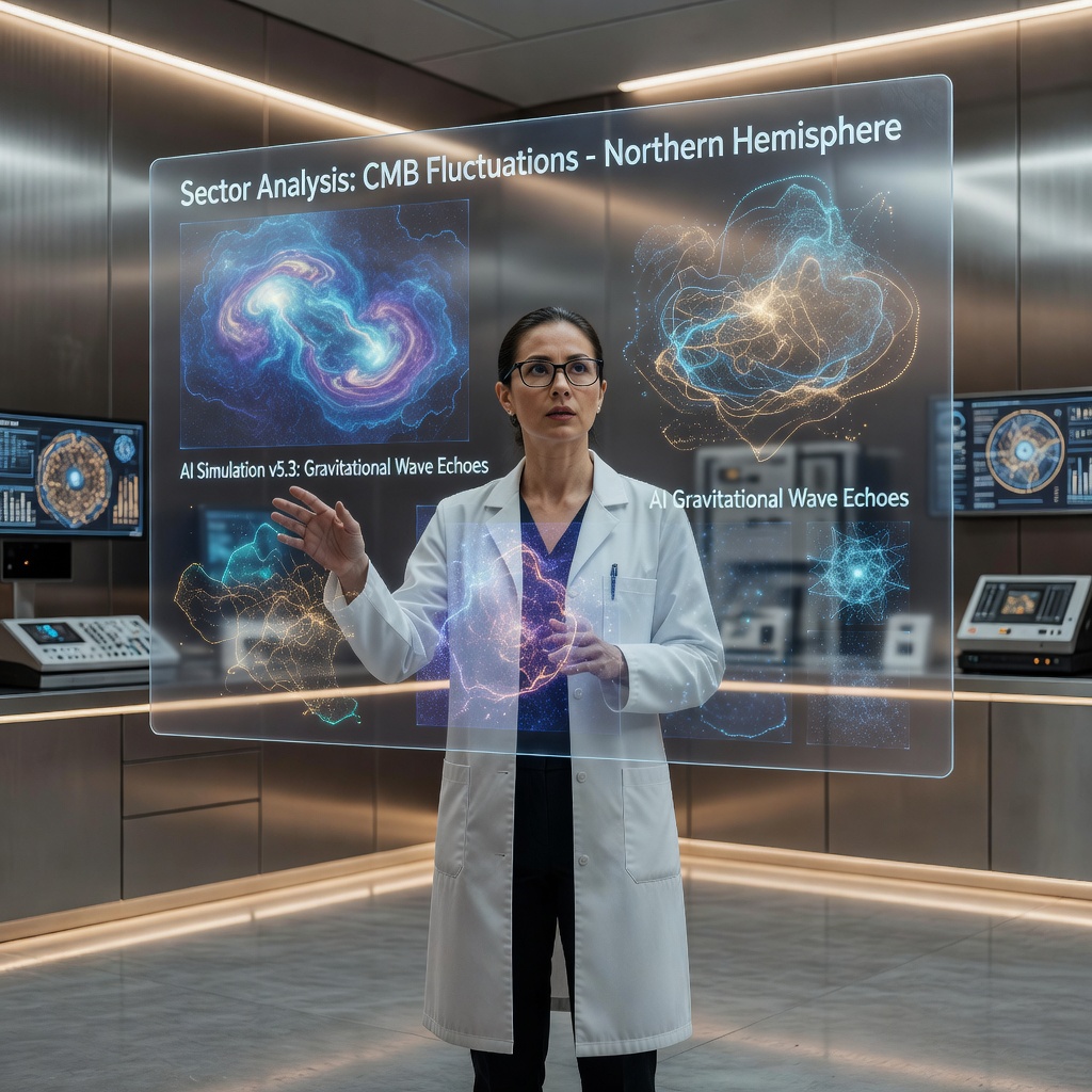 A scientist working alongside a holographic AI interface analyzing cosmic microwave background radiation data