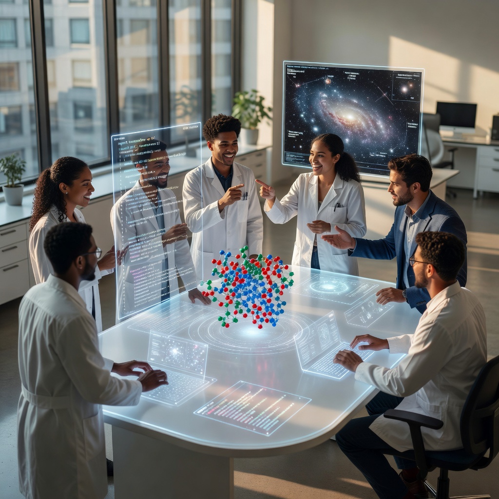 A diverse team of young scientists and engineers collaborating with AI tools in a bright modern research lab