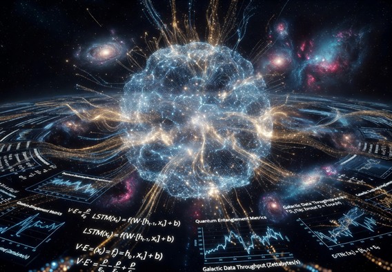 A breathtaking wide-angle visualization of a glowing AI neural network rendered in electric blue and gold, seamlessly merging with a panoramic deep space backdrop filled with galaxies, nebulae, and cosmic data streams. Holographic equations and scientific graphs float in the foreground. Cinematic lighting, ultra-realistic digital art, futuristic and hopeful tone, 8K resolution.