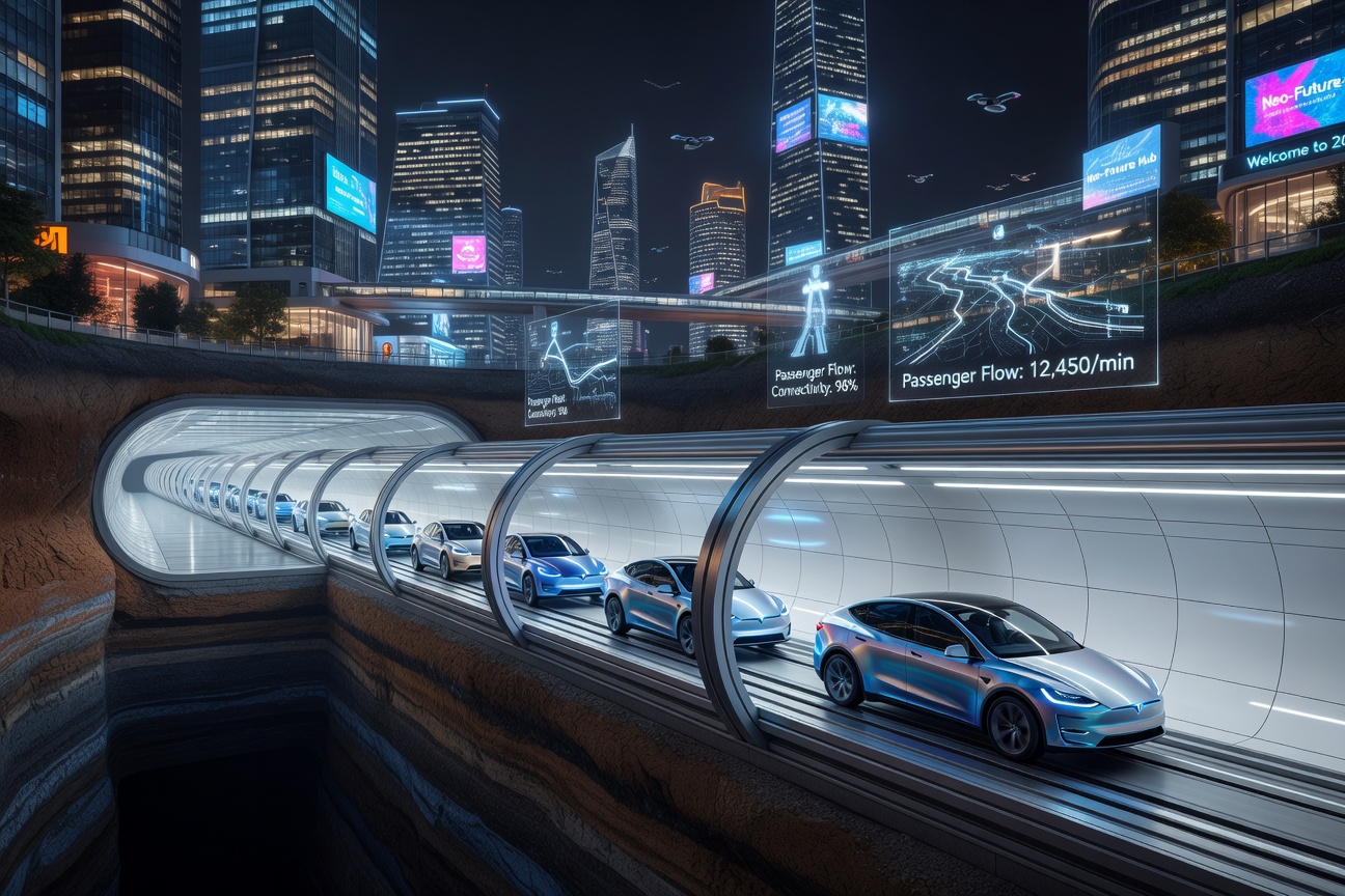Futuristic underground tunnel transit system with glowing Tesla vehicles moving through illuminated white tunnels beneath a smart city