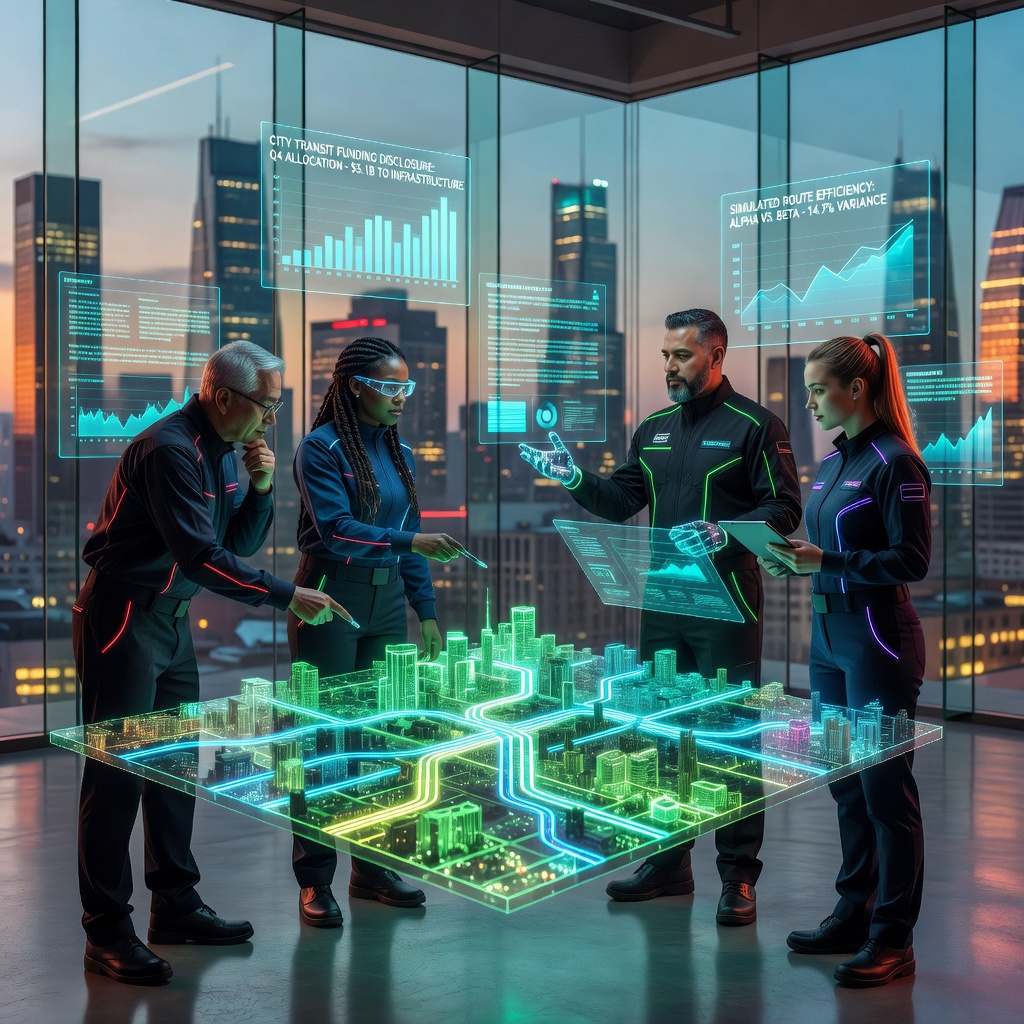 Data scientists and urban planners studying holographic city transit maps with competing research reports and funding disclosure documents visible
