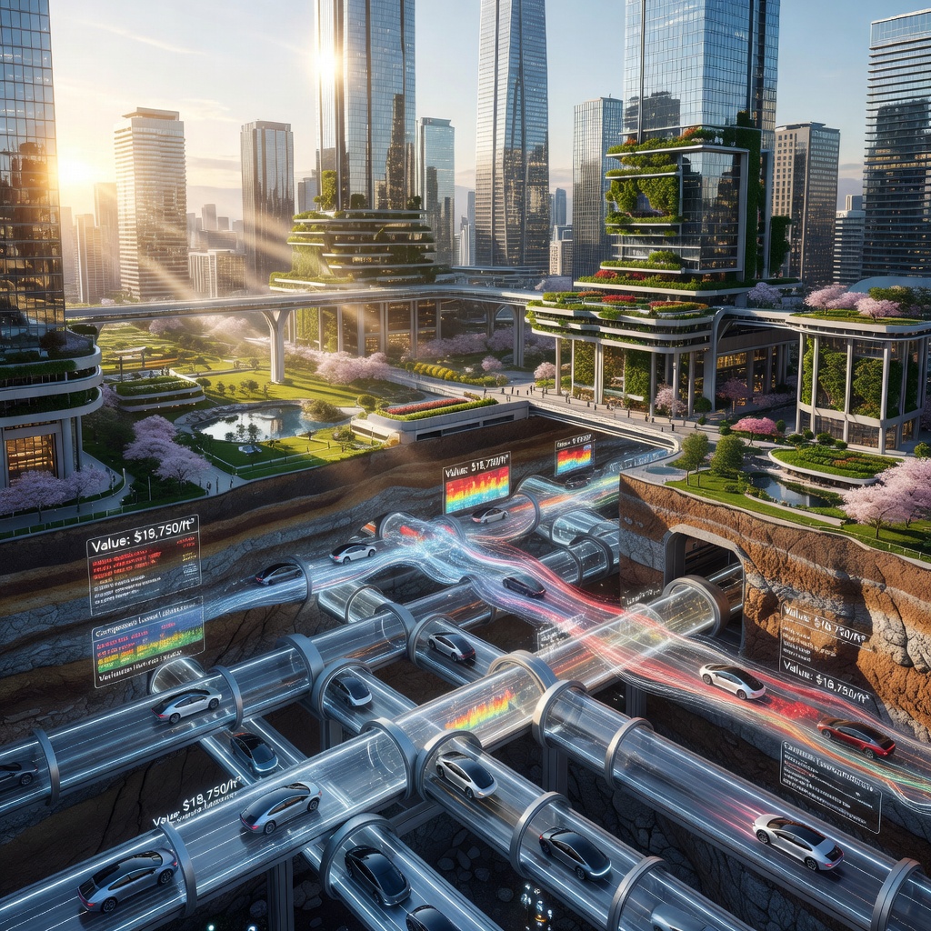 Futuristic smart city cross-section showing underground transit tunnels beneath gleaming towers with data streams and property value indicators overlaid