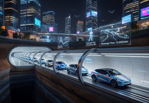 Highly detailed futuristic cross-section view of a gleaming white underground tunnel transit system beneath a modern smart city skyline at night, Tesla electric vehicles with glowing blue headlights moving through the tube, holographic data overlays showing passenger flow metrics and city connectivity maps, photorealistic cinematic lighting with cool blue and white tones, ultra-high resolution concept art style