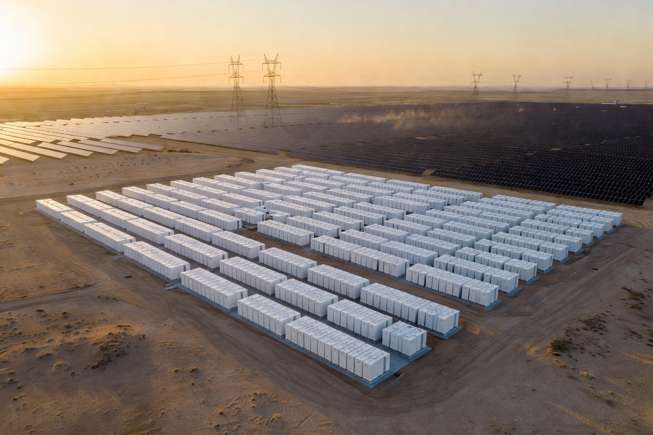Aerial view of a massive Tesla Megapack battery installation beside a solar farm at dusk, with transmission lines stretching to the horizon