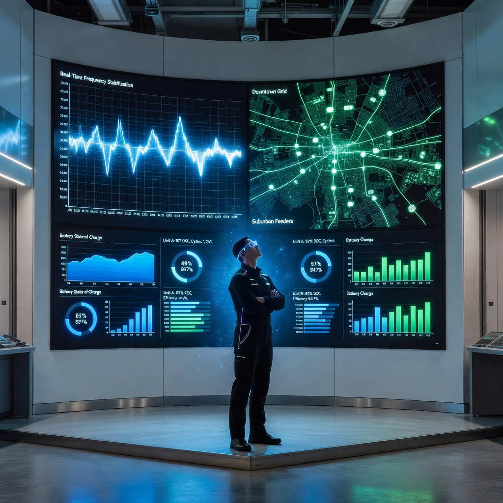 Engineer reviewing grid frequency data on multiple screens inside a virtual power plant control room with glowing dashboards