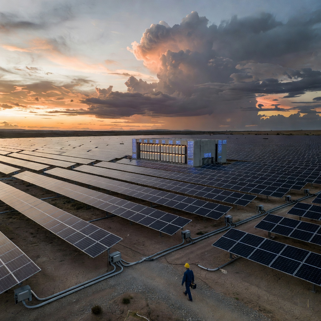 Futuristic solar farm with rows of photovoltaic panels under a dramatic sky, connected to a battery storage facility glowing with blue indicator lights