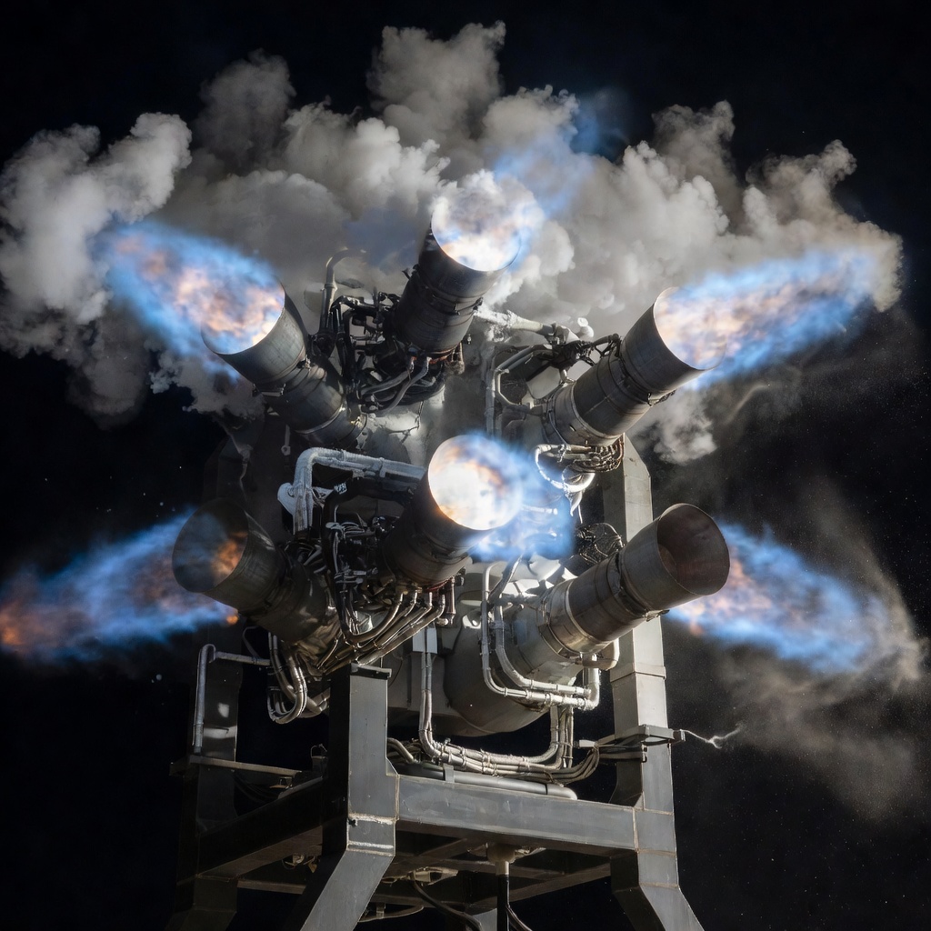 Close-up of SpaceX Raptor engine cluster glowing with blue flame during a static fire test at Starbase Texas