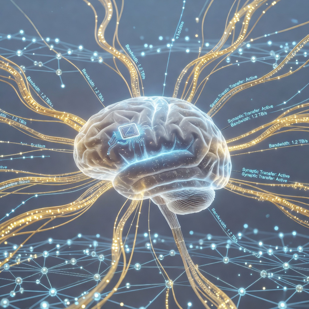Futuristic visualization of a Neuralink brain-computer interface connecting human neural activity to a digital network of light and data