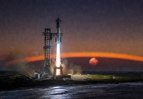 A photorealistic wide-angle scene showing the Starship rocket launching from a coastal launch pad at dusk, its engines producing brilliant blue and orange plumes, with a glowing Mars visible on the distant horizon above the curvature of the Earth, dramatic atmospheric lighting, ultra-detailed, cinematic composition, sense of awe and civilizational purpose, 8K resolution