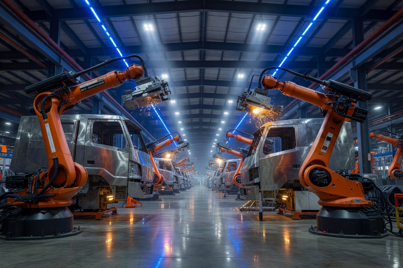Futuristic Tesla Gigafactory interior with robotic arms assembling Cybertruck bodies under dramatic industrial lighting