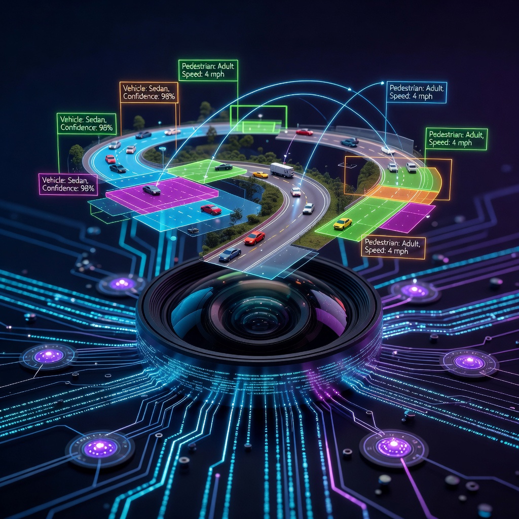 Close-up visualization of Tesla FSD neural network processing real-time camera feeds, with colorful semantic segmentation overlays showing detected objects and predicted trajectories