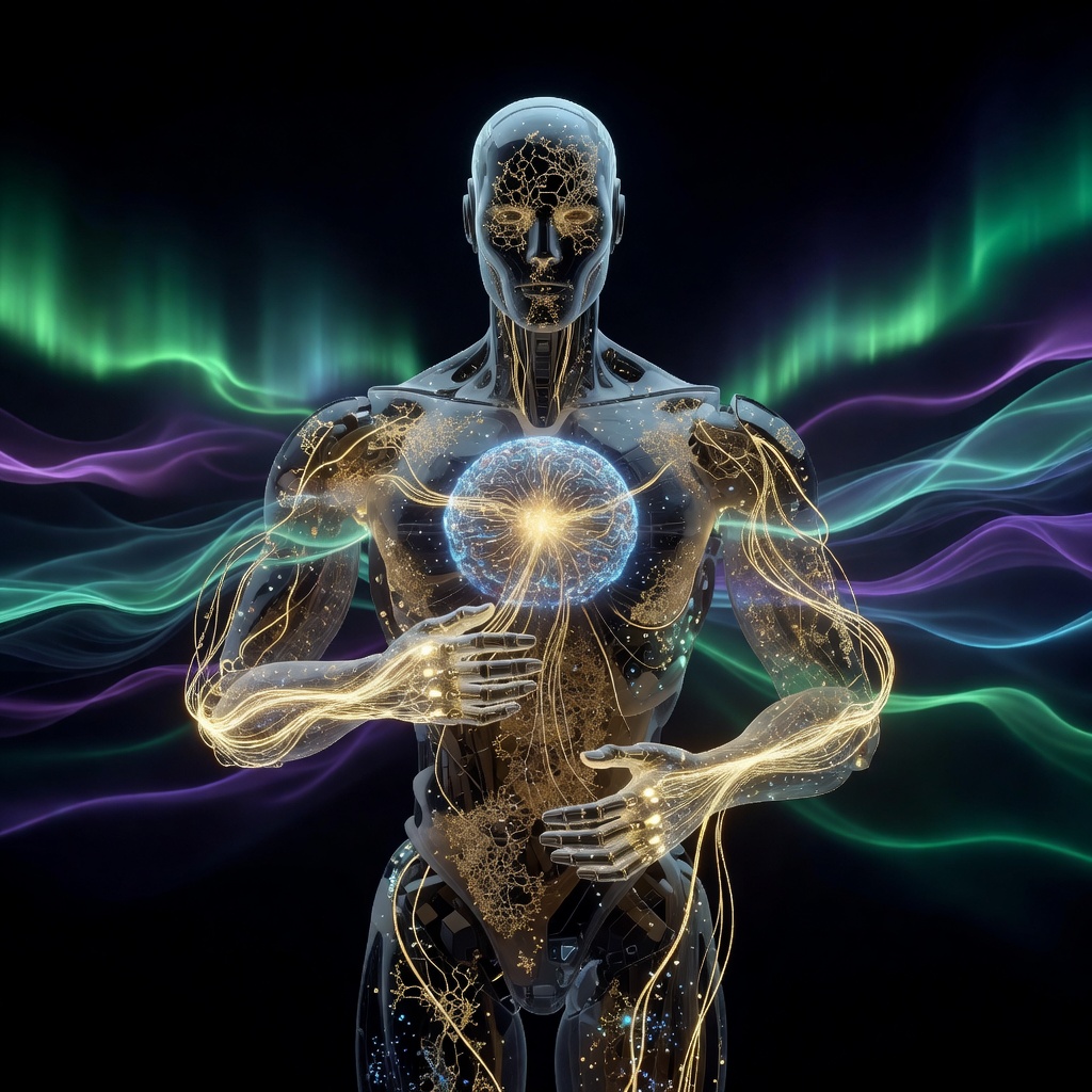 Futuristic visualization of neural network pathways overlaid on a transparent humanoid robot silhouette, showing data flowing through its body systems