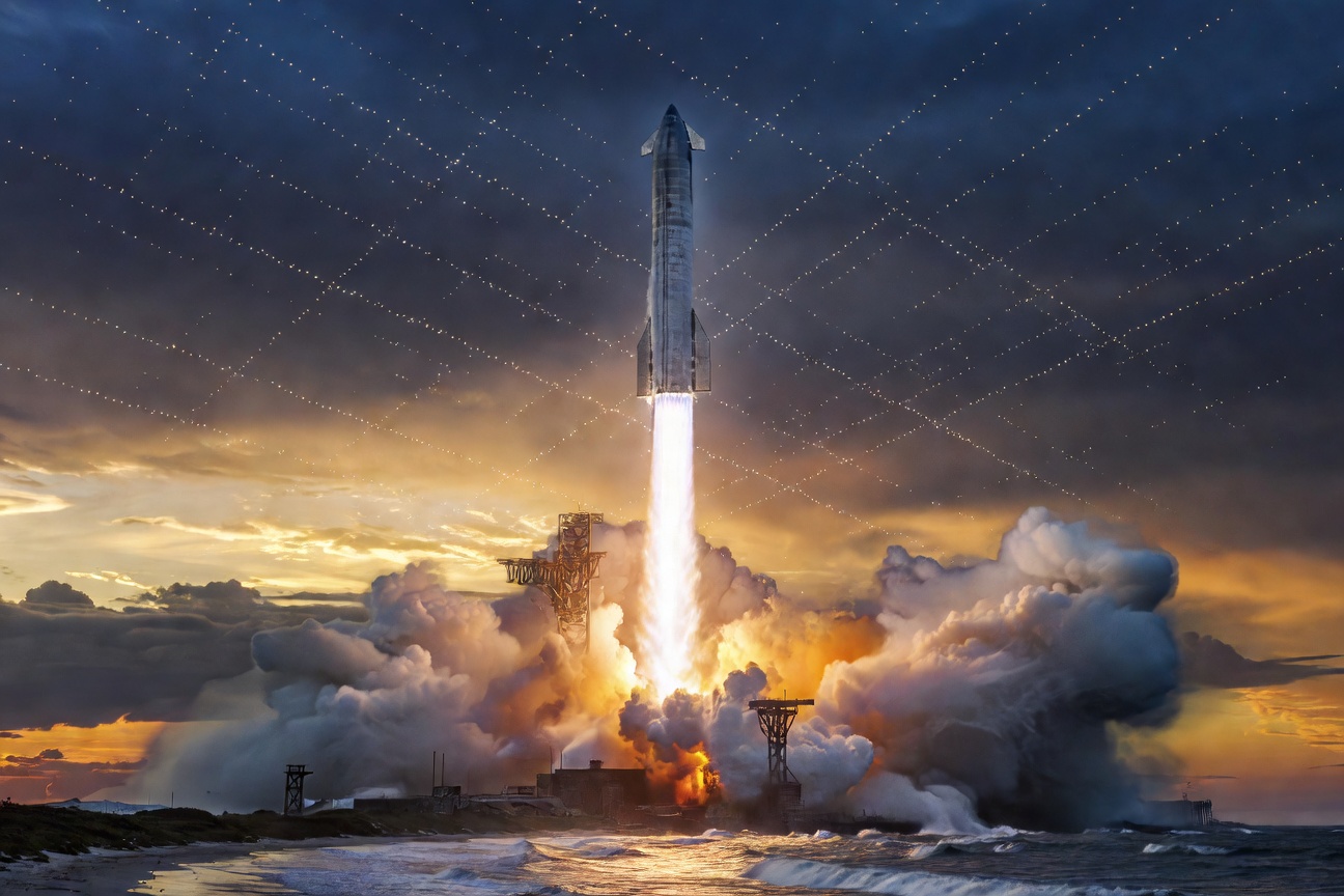 Starship rocket launching from Starbase Texas at dawn with a full Starlink constellation visible overhead