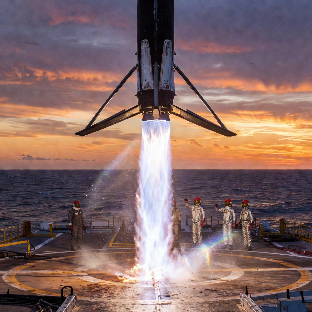 Falcon 9 booster landing on drone ship at sea with orange sunset in the background
