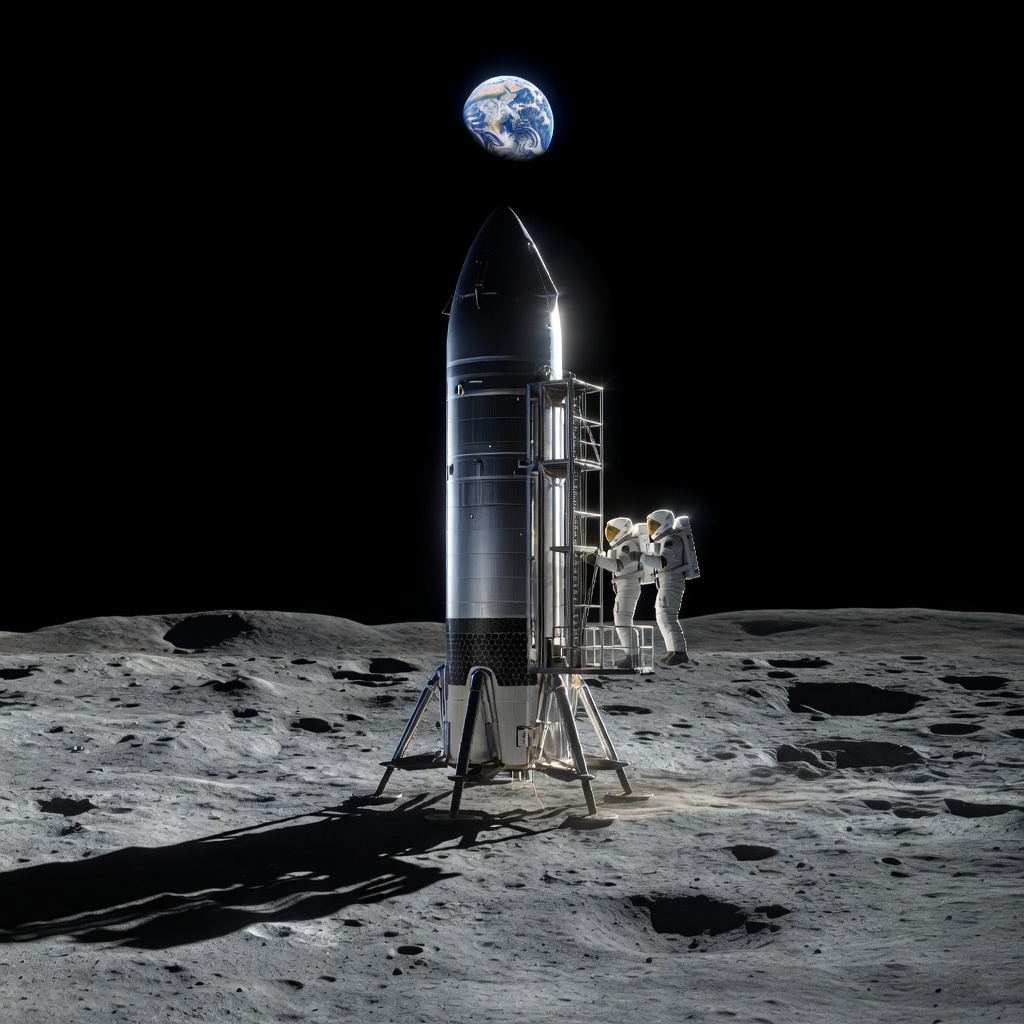 SpaceX Starship lunar lander variant descending toward the Moon's south pole crater region with Earth rising in the background